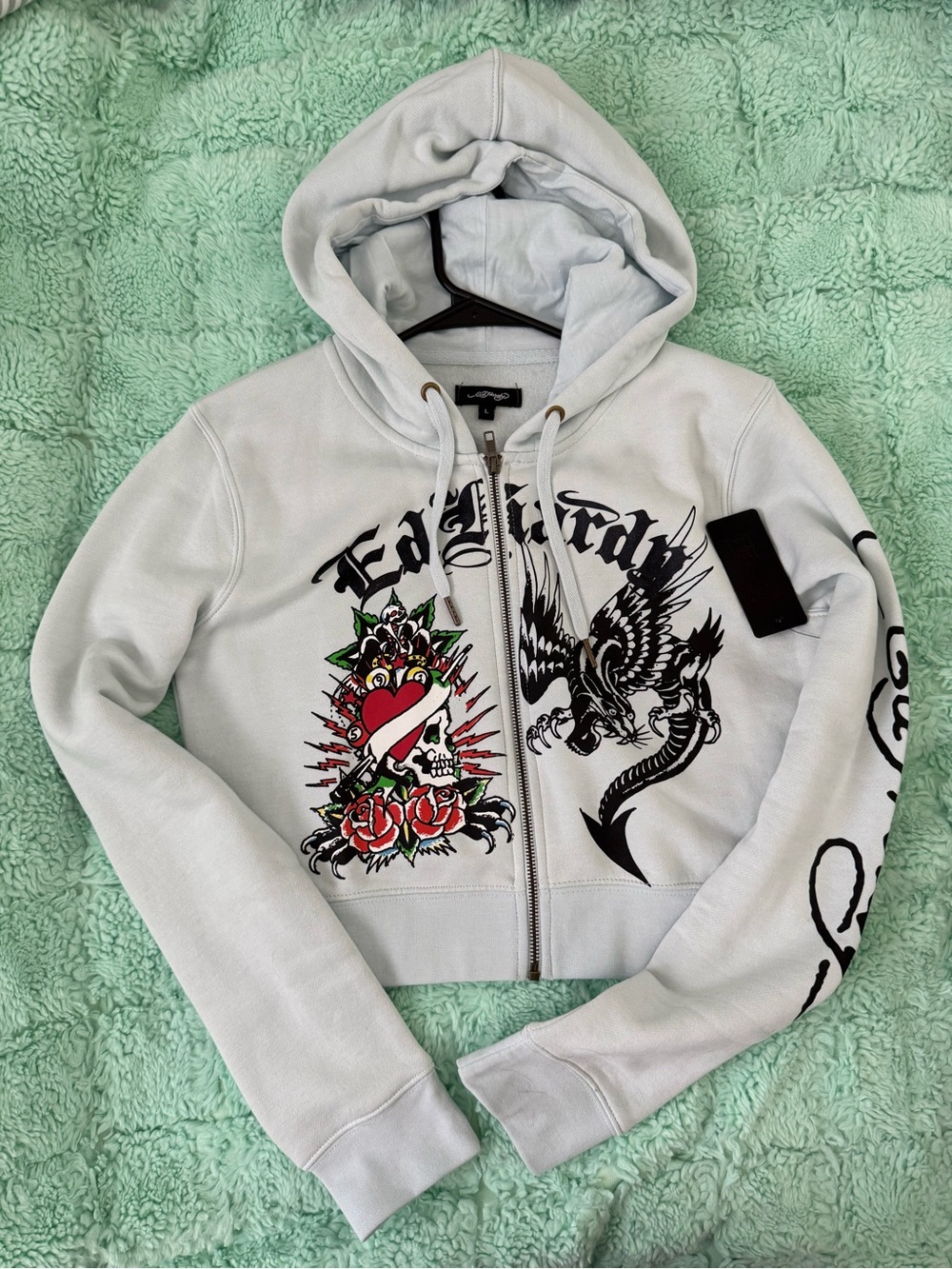 Ed Hardy Pale Blue Zip Hoodie with Black Graphic